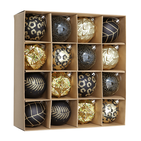 Vogue Black and Gold Ornament Set, Stylish Tree Set of 16 Glittery Baubles