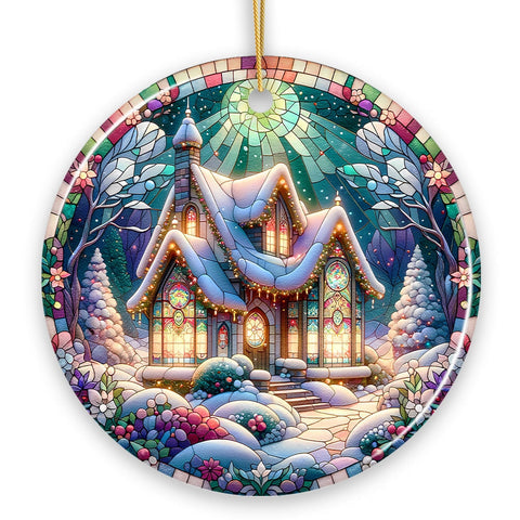 Whimsical Cottage Stained Glass Style Ceramic Ornament, Christmas Gift and Decor
