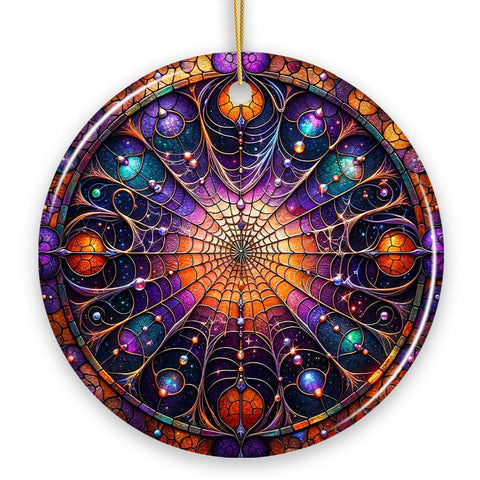 Whispering Shadows Enchanted Cobweb Stained Glass Style Ceramic Ornament, Halloween Themed Christmas Gift and Decor
