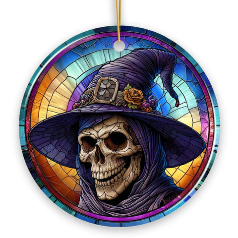 Witchy Grin Skull with Hat and Scarf Stained Glass Style Ceramic Ornament, Halloween Themed Christmas Gift and Decor
