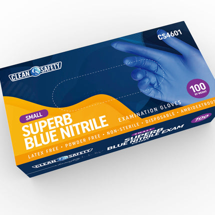 Superb Blue Nitrile Powder Free Examination Gloves, Single Use - Small - 100 ct 10 Pack