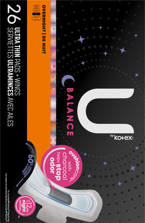 U by Kotex Balance Overnight Ultra Thin Pads + Wings 26 ea