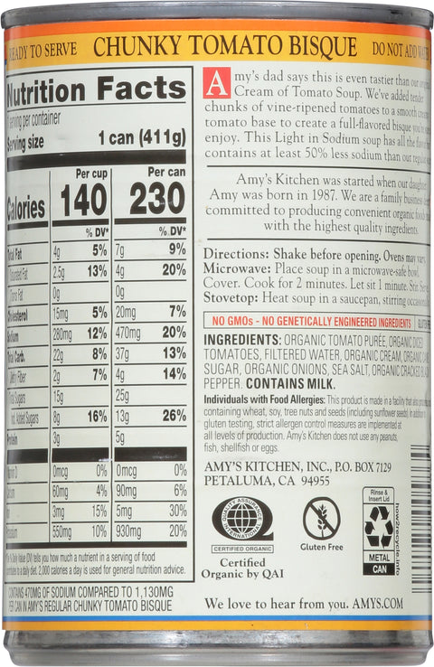 Amy's Organic Light In Sodium Chunky Tomato Bisque 14.5 OZ