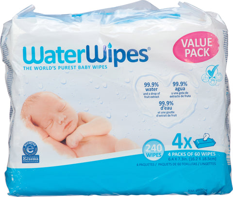 WaterWipes Plastic-Free Original Baby Wipes, 99.9% Water Based Wipes, Unscented & Hypoallergenic for Sensitive Skin, 240 Count (4 Packs), Packaging May Vary 240 CT