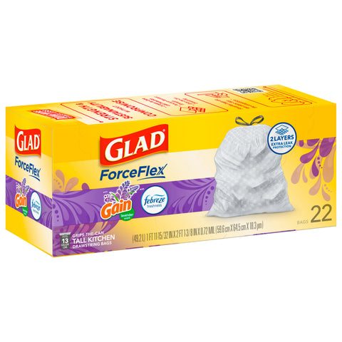 Glad Tall Kitchen ForceFlex Drawstring Lavender Odor Shield Trash Bags 22 CT