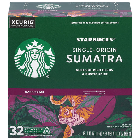 Starbucks Dark Roast Ground 100% Arabica Single-Origin Sumatra Coffee 32 - 0.40 oz K-Cup Pods - 4 Pack