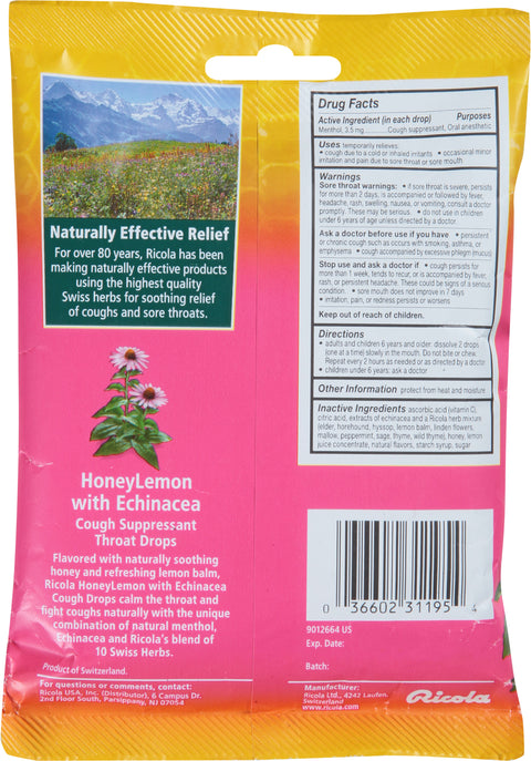 Ricola Cough Drops Honey Lemon Echinacea 19 CT