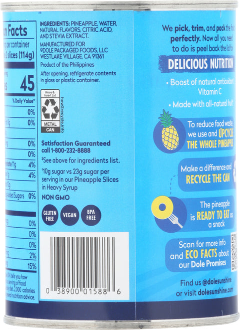Dole No Sugar Added Pineapple Slices in Water Sweetened with Stevia Extract 20 oz