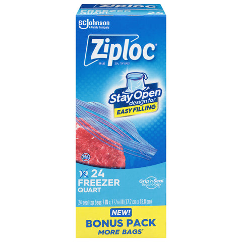 Ziploc Quart Freezer Seal Top Bags Bonus Pack 24 Bags - 12 Pack