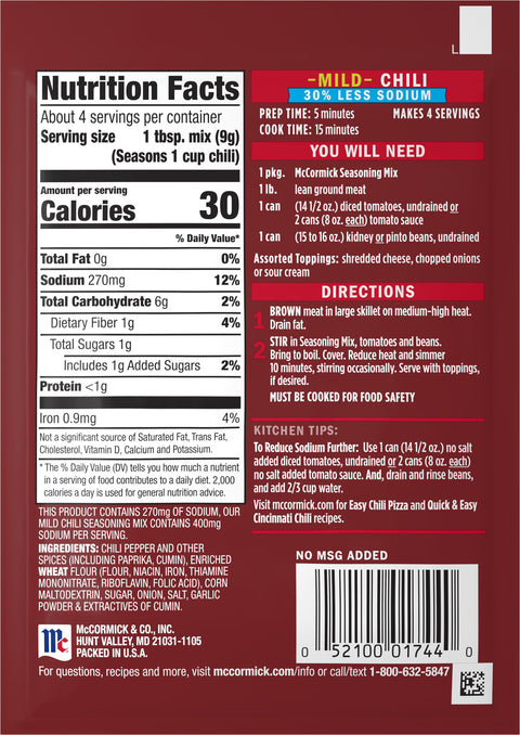 McCormick Seasoning Mix Pouch Low Sodium Chili Mild - 1.25 OZ 12 Pack