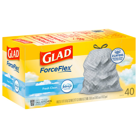 Glad ForceFlex Febreze Fresh Clean 13 Gallon Tall Kitchen Drawstring Bags 40 CT