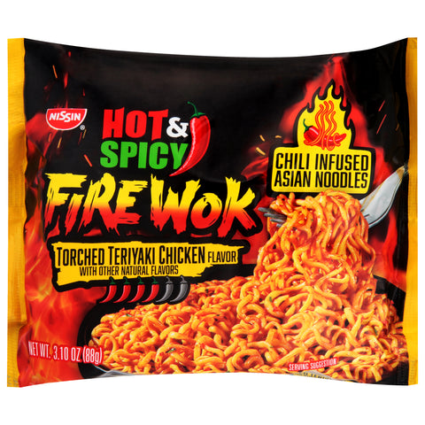 Nissin Fire Wok Hot & Spicy Torched Teriyaki Chicken Flavor Asian Noodles 3.10 oz - 12 Pack