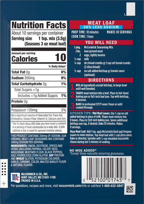 McCormick Seasoning Mix Pouch Low Sodium Meatloaf - 1.25 OZ 12 Pack