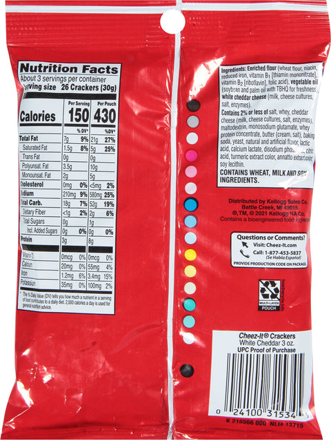 Kelloggs Cheez It Bags White Cheddar Baked Snack Crackers 3 OZ