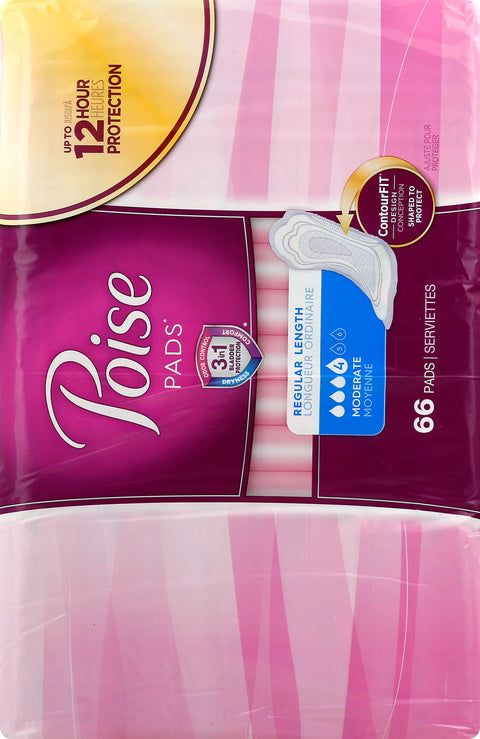 Poise Incontinence Pads & Postpartum Incontinence Pads, 4 Drop Moderate Absorbency, Regular Length, 66 Count (Packaging May Vary)