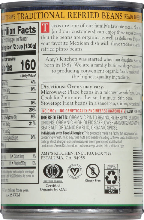 Amy's Organic Vegetarian Traditional Refried Beans 15.4 OZ