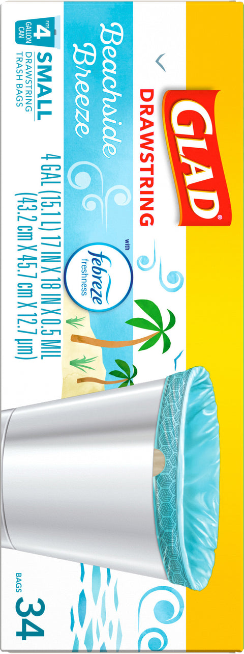 Glad Drawstring Plus Febreze Beachside Breeze Small Trash Bags 34 CT