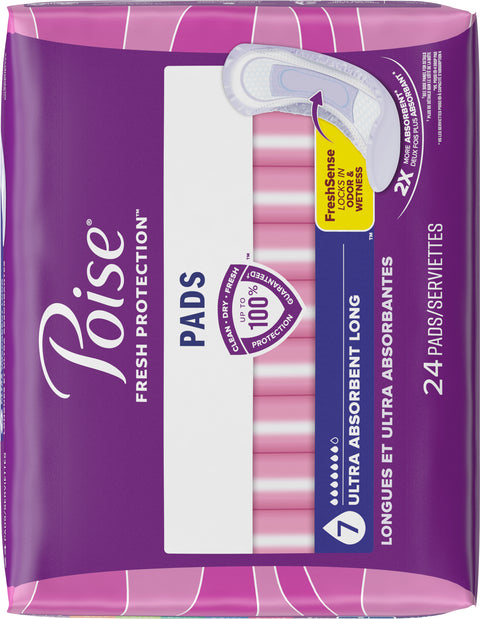 Poise Incontinence Pads & Postpartum Incontinence Pads, 7 Drop Ultra Absorbency, Long Length, 24 Count