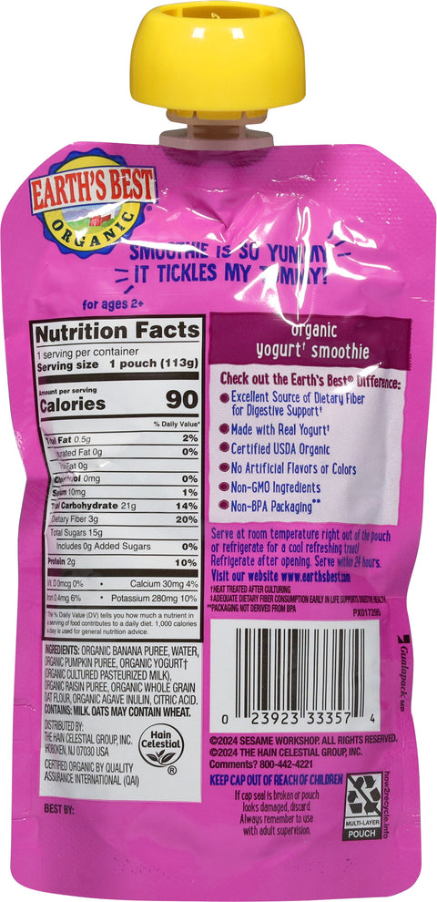 Earth's Best Organic Kids Ages 2+ Digestive Support Banana Pumpkin Raisin Yogurt Smoothie 4 oz