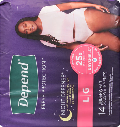 Depend Fresh Protection Night Defense Underwear L 14 ea