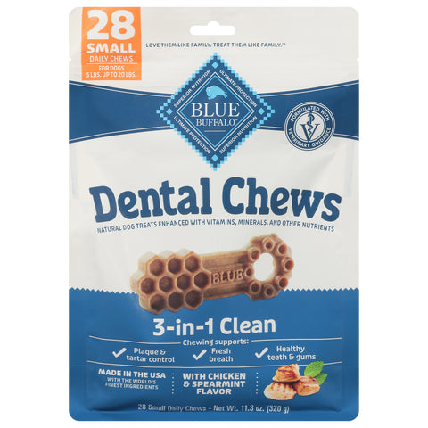 Blue Buffalo Blue 3-in-1 Clean Dental Chews with Chicken & Spearmint Flavor Small 28 ea - 4 Pack
