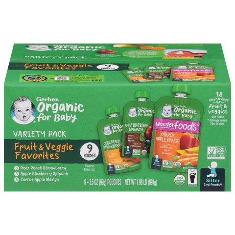 Gerber Organic for Baby Sitter 2nd Foods Fruit & Veggie Favorites Variety Pack 9 - 3.5 oz Pouches - 1 Pack