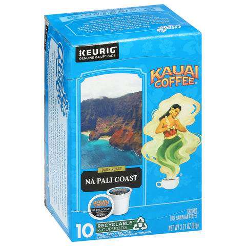 Kauai Coffee Dark Roast Ground 10% Hawaiian Na Pali Coast Coffee 10 K-Cup Pods