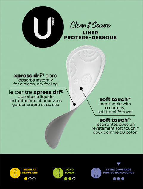 U by Kotex Clean & Secure Panty Liners, Light Absorbency, Extra Coverage, 80 Count