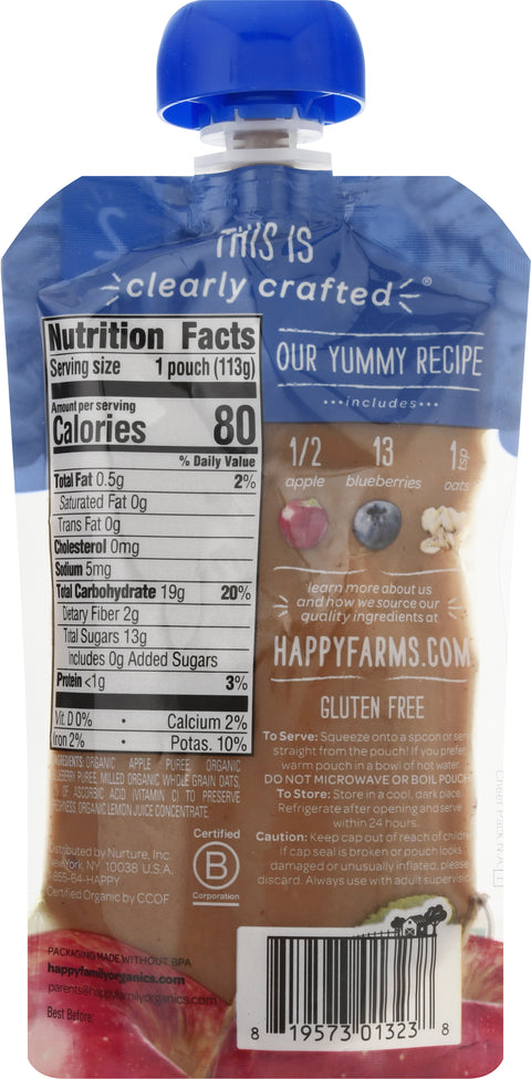 Happy Baby Organics Stage 2 Apples, Blueberries & Oats Pouch 4 OZ