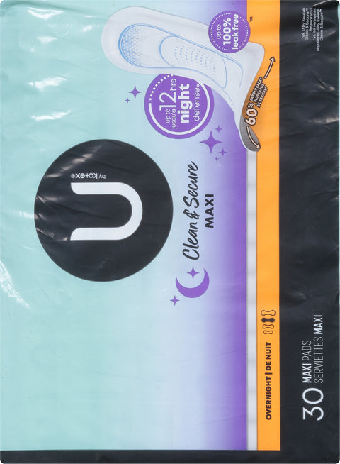 U by Kotex Clean & Secure Overnight Maxi Pads 30 ea