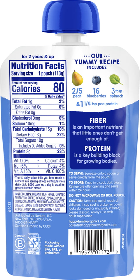 Happy Tot Organic Stage 4 Fiber & Protein Pears, Blueberries & Spinach 4 OZ