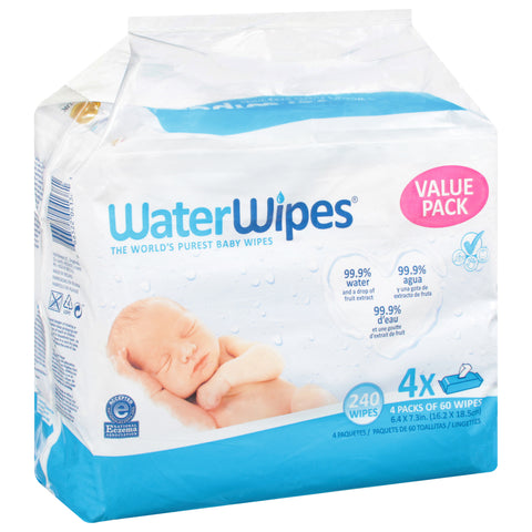 WaterWipes Plastic-Free Original Baby Wipes, 99.9% Water Based Wipes, Unscented & Hypoallergenic for Sensitive Skin, 240 Count (4 Packs), Packaging May Vary 240 CT