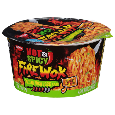 Nissin Fire Wok Hot And Spicy Sizzling Pork Flavor Noodles 4.37 OZ