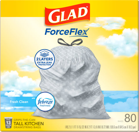 Glad ForceFlex Febreze Fresh Clean 13 Gallon Tall Kitchen Drawstring Bags 80 CT