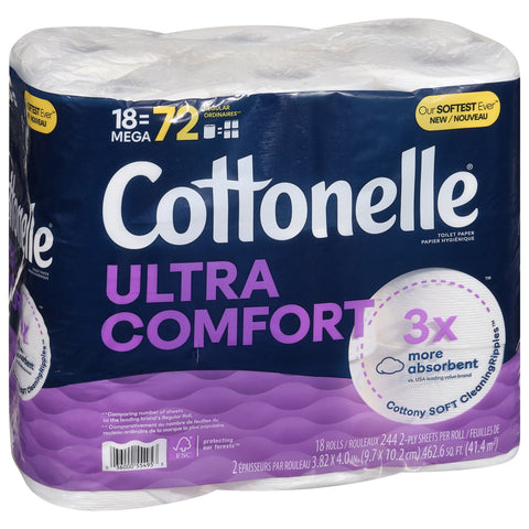 Cottonelle Ultra Comfort Toilet Paper, Strong Toilet Tissue, 18 Mega Rolls (18 Mega Rolls = 72 Regular Rolls), 244 Sheets Per Roll