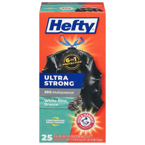 Hefty Ultra Strong White Pine Breeze 30 Gallon Large Trash Drawstring Bags 25 CT