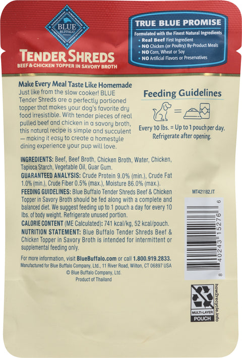 Blue Buffalo Blue Tender Shreds Natural Beef & Chicken Topper in Savory Broth Dog Food Complement 2.5 oz