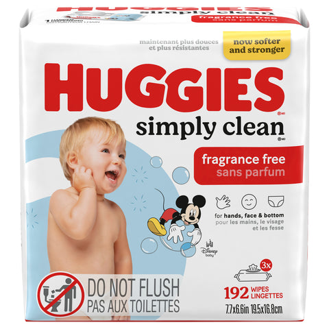 Huggies Simply Clean Fragrance-Free Baby Wipes, Unscented Diaper Wipes, 3 Flip-Top Packs (192 Wipes Total) (Select for More)