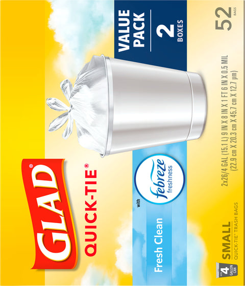 Glad Febreze Fresh Clean 4 Gallon Small Quick-Tie Trash Bags 52 CT