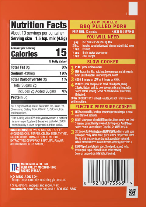 McCormick Slow Cooker Seasoning Pulled Pork - 1.6 OZ 12 Pack