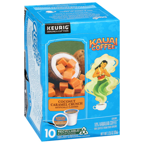 Kauai Coffee Ground 10% Hawaiian Coconut Caramel Crunch Coffee 10 K-Cup Pods