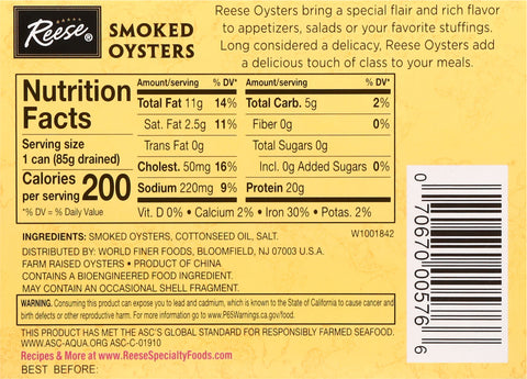 Reese Large Smoked Oysters 3.7 OZ