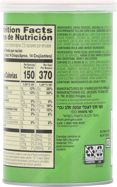 Pringles Grab N' Go Sour Cream And Onion Crisps 2.5 OZ