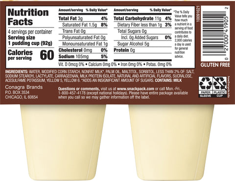 Snack Pack Pudding Sugar Free Vanilla 13 OZ