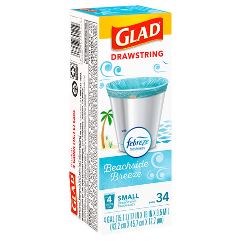 Glad Drawstring Plus Febreze Beachside Breeze Small Trash Bags 34 CT