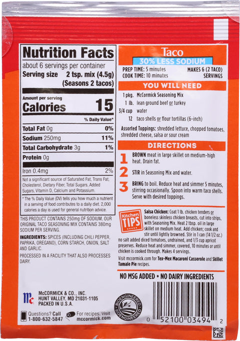 McCormick Less Sodium Taco Season Mix 1 OZ
