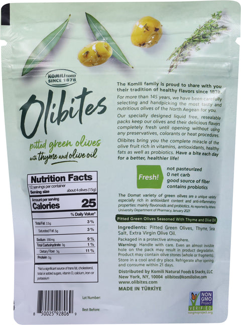 Olibites Pitted Green Olives with Thyme and Olive Oil 6 oz