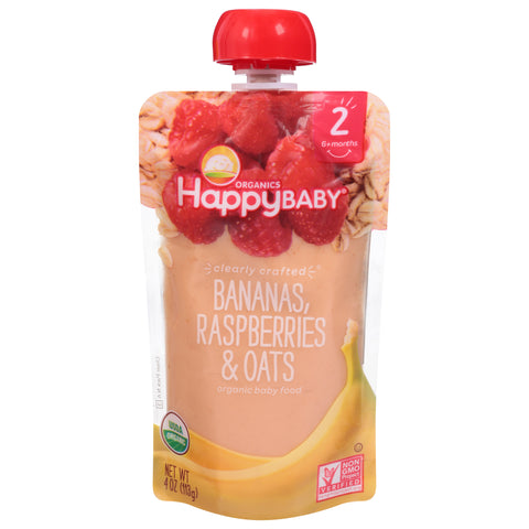 HappyBaby Organics Organic 2 (6+ Months) Bananas, Raspberries & Oats Baby Food 4 oz - 16 Pack