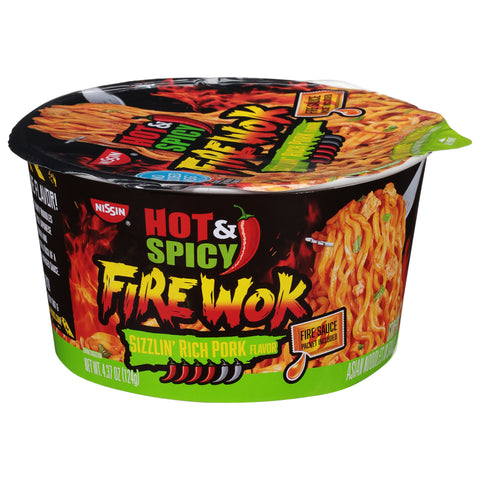 Nissin Fire Wok Hot And Spicy Sizzling Pork Flavor Noodles 4.37 OZ