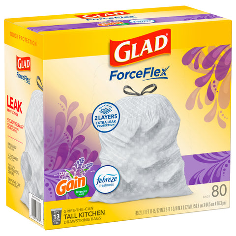 Glad ForceFlex Plus Febreze Mediterranean Lavender 13 Gallon Tall Kitchen Drawstring Bags 80 CT
